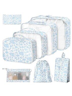 8 Piece Packing Cubes Set Travel Luggage Organizer Bags Women Men Blue Floral